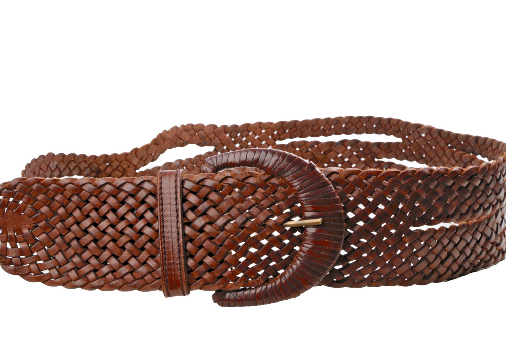 Motif 56 Brown Leather Woven Braided Wide Waist Belt Leather Covered Buckle L